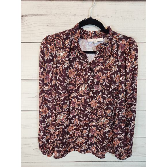 Loft Women's Maroon Floral Long Sleeve Mock Neck Half Button Blouse Size XS - Picture 1 of 6